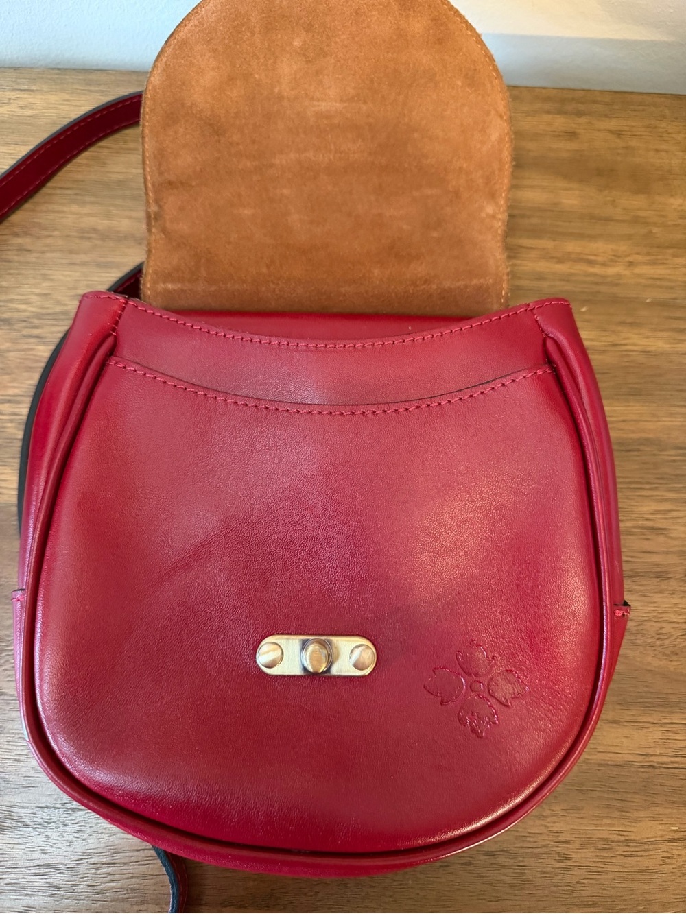 Patricia Nash Ruby Red Rose Embossed Leather Saddle Crossbody Bag Floral - Picture 12 of 16